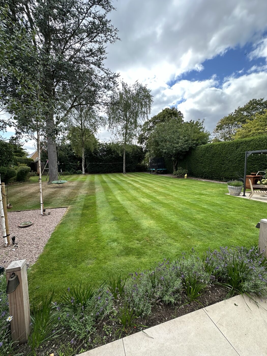 Freshly mown striped family garden lawn